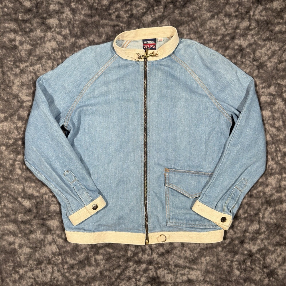 Vintage Brittania Harrington Denim Jacket Womens L 90s B-130 Blue Cream Trim